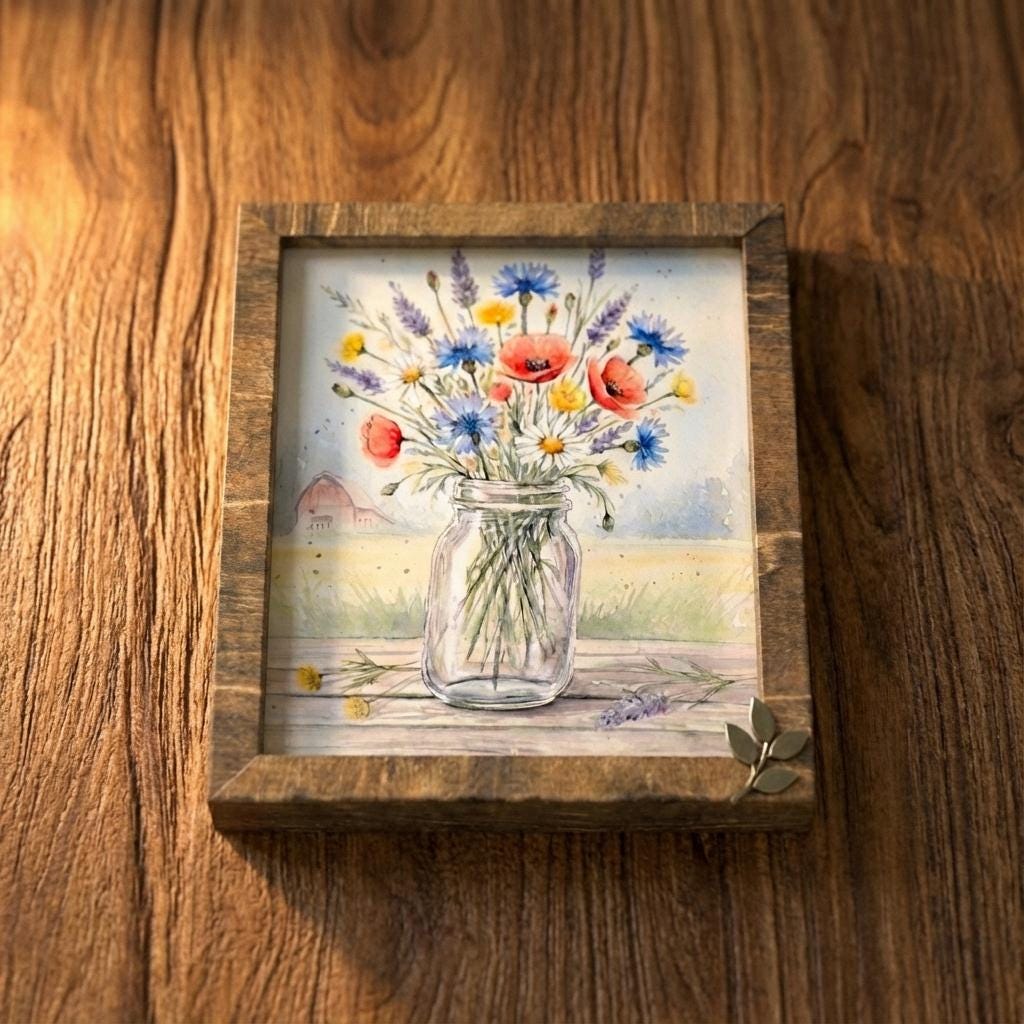 Floral Mason Jar Watercolor Wood Sign • Rustic Farmhouse Decor