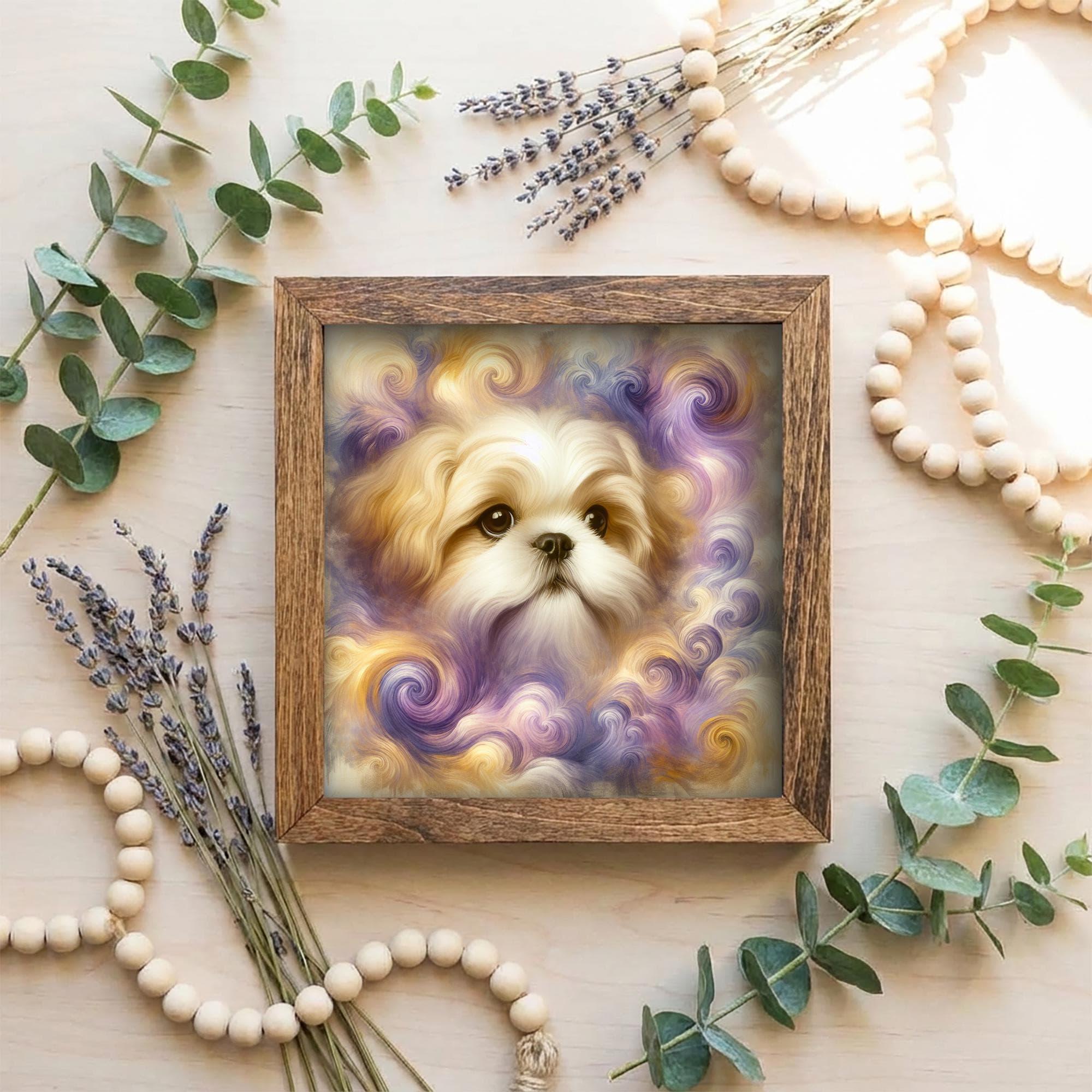 Gold and White Shih Tzu Dog Framed Art, Watercolor Portrait, 5.5 Inch Shelf Decor, Dog Lover Gift