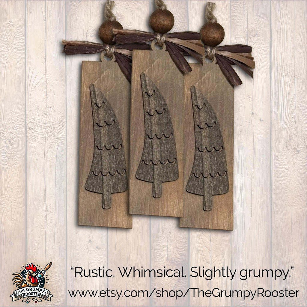 Country Brown Natural Wood Tree Ornament, Wood Holiday Decor, rustic farmhouse ornament, woodland holiday decor, Single or Bulk Qty