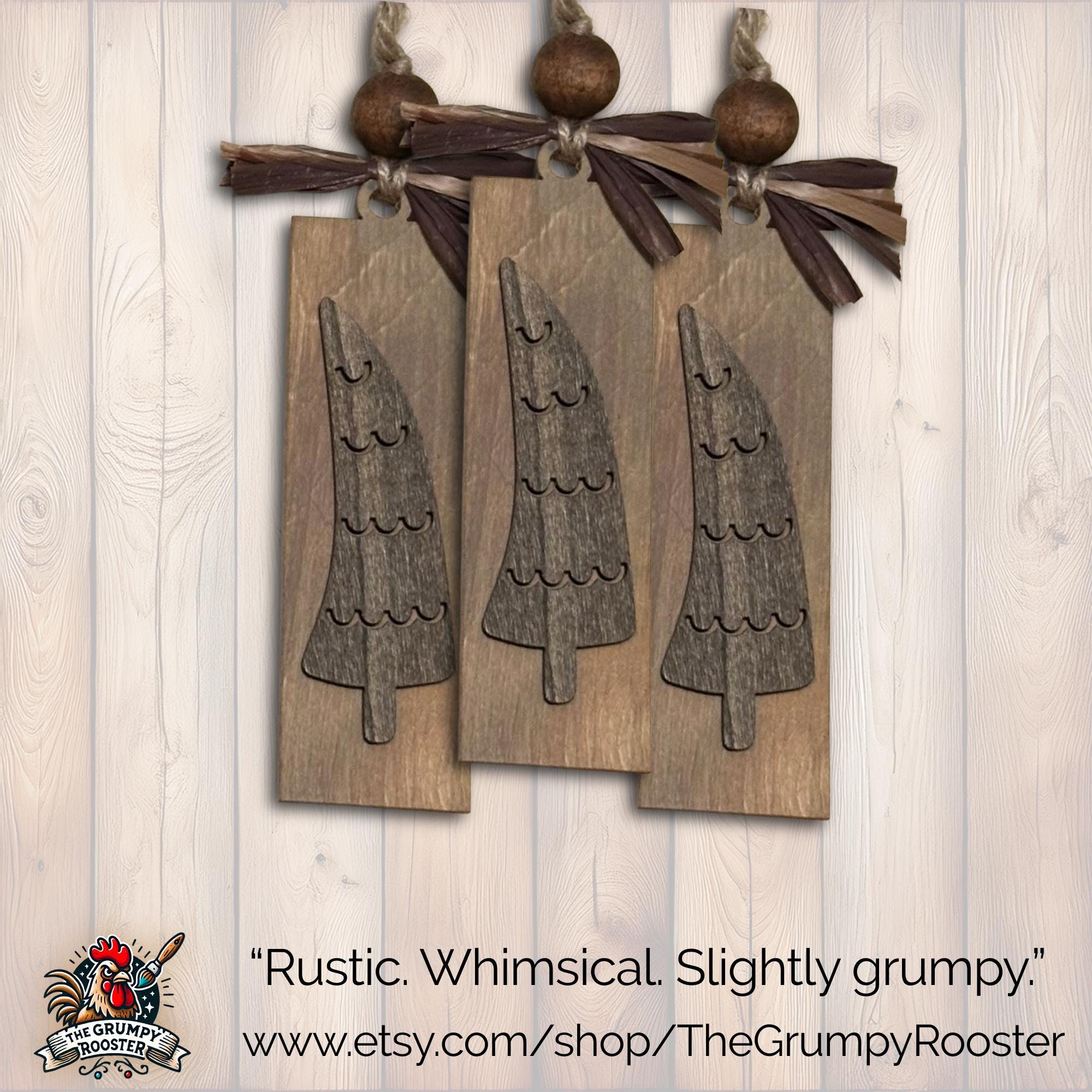 Country Brown Natural Wood Tree Ornament, Wood Holiday Decor, rustic farmhouse ornament, woodland holiday decor, Single or Bulk Qty