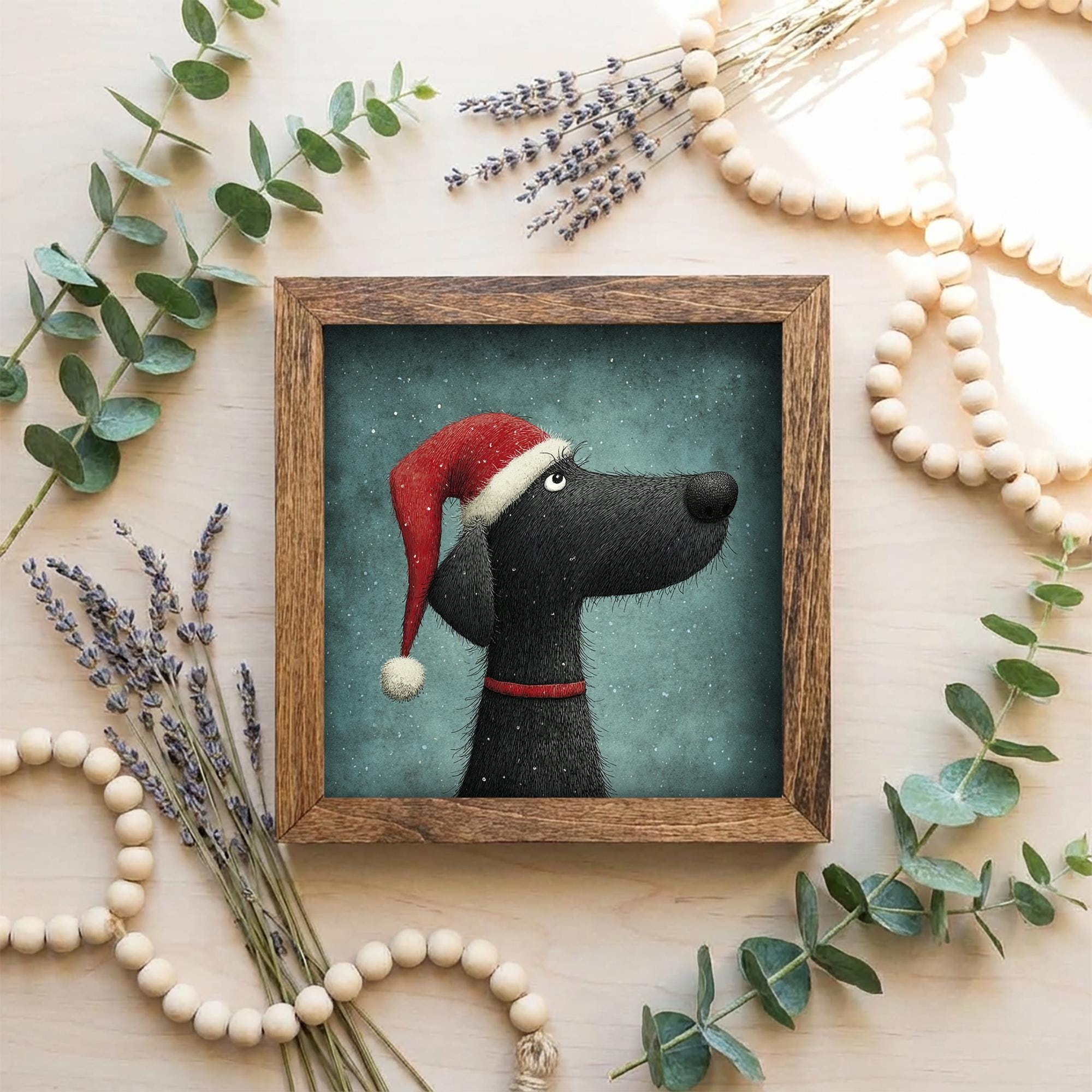 Christmas Dog Framed Art | Whimsical Holiday Dog Illustration | Pet Lover Christmas Decor | Rustic Farmhouse Frame | Easel Included