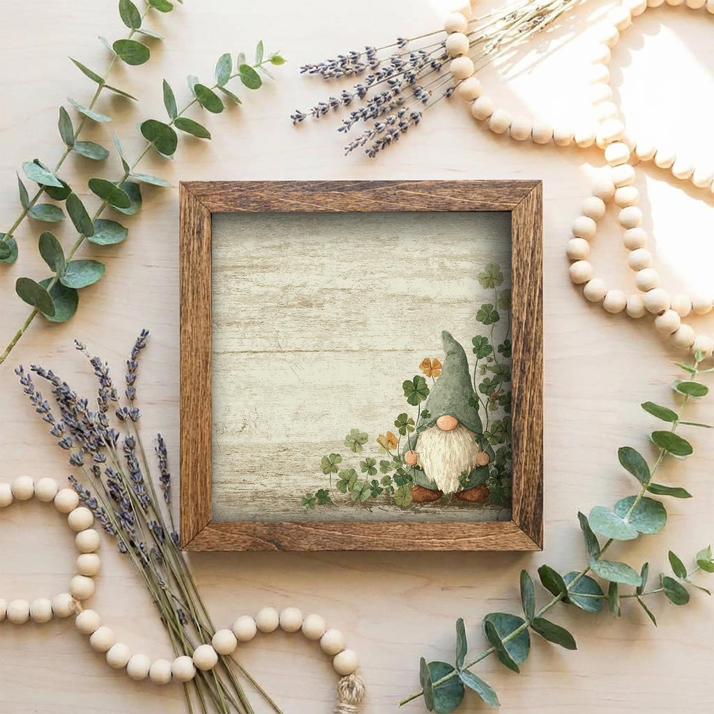 Farmhouse Gnome Wall Art | Mini Framed Shamrock Gnome Decor | St Patrick’s Day Accent