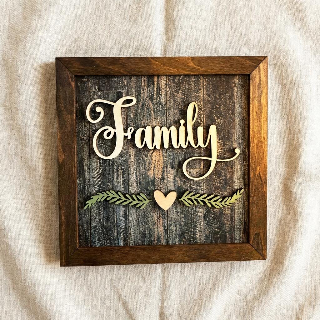 Family Framed Wood Sign with Easel, Rustic Farmhouse Family Decor, Layered Wood Wall Art or Shelf Sign, Housewarming or Family Gift