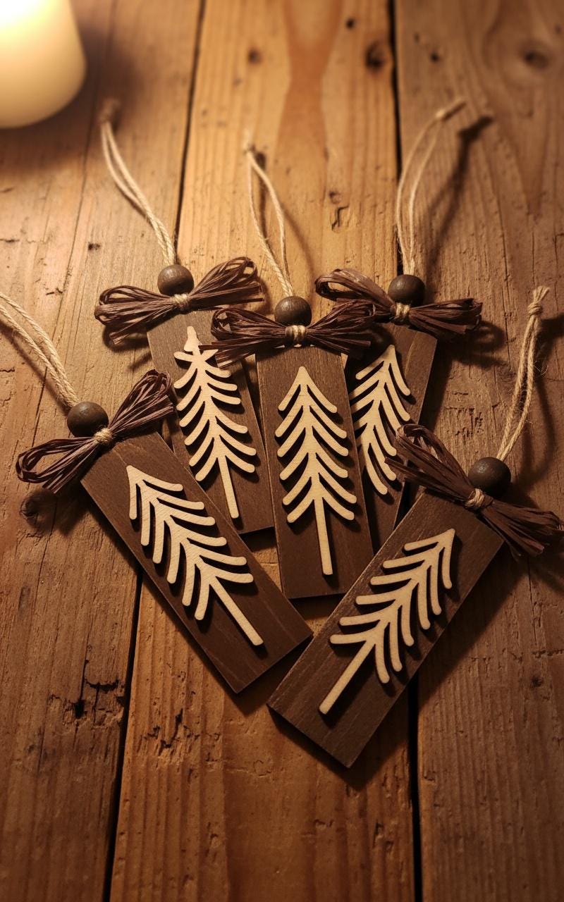 Rustic Evergreen Tree Ornaments – Set of 3 – Tall Layered Wood Design with Brown Bow – Limited Edition Handmade Christmas Decor