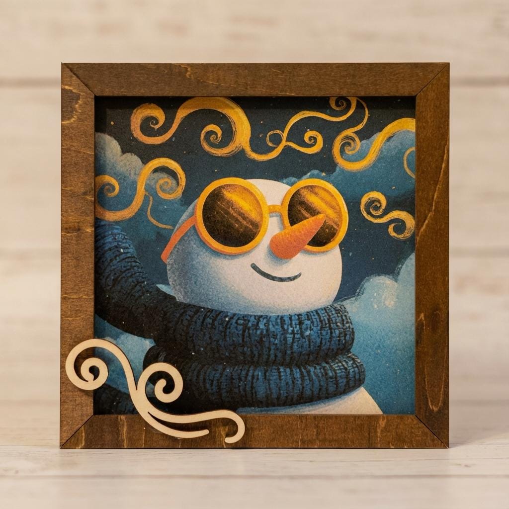Snowman Art Sign 5.5 Inch – Rustic Farmhouse Winter Decor, Framed Snowman Wall Art, Cozy Christmas Shelf Sign, Handmade Wood Art
