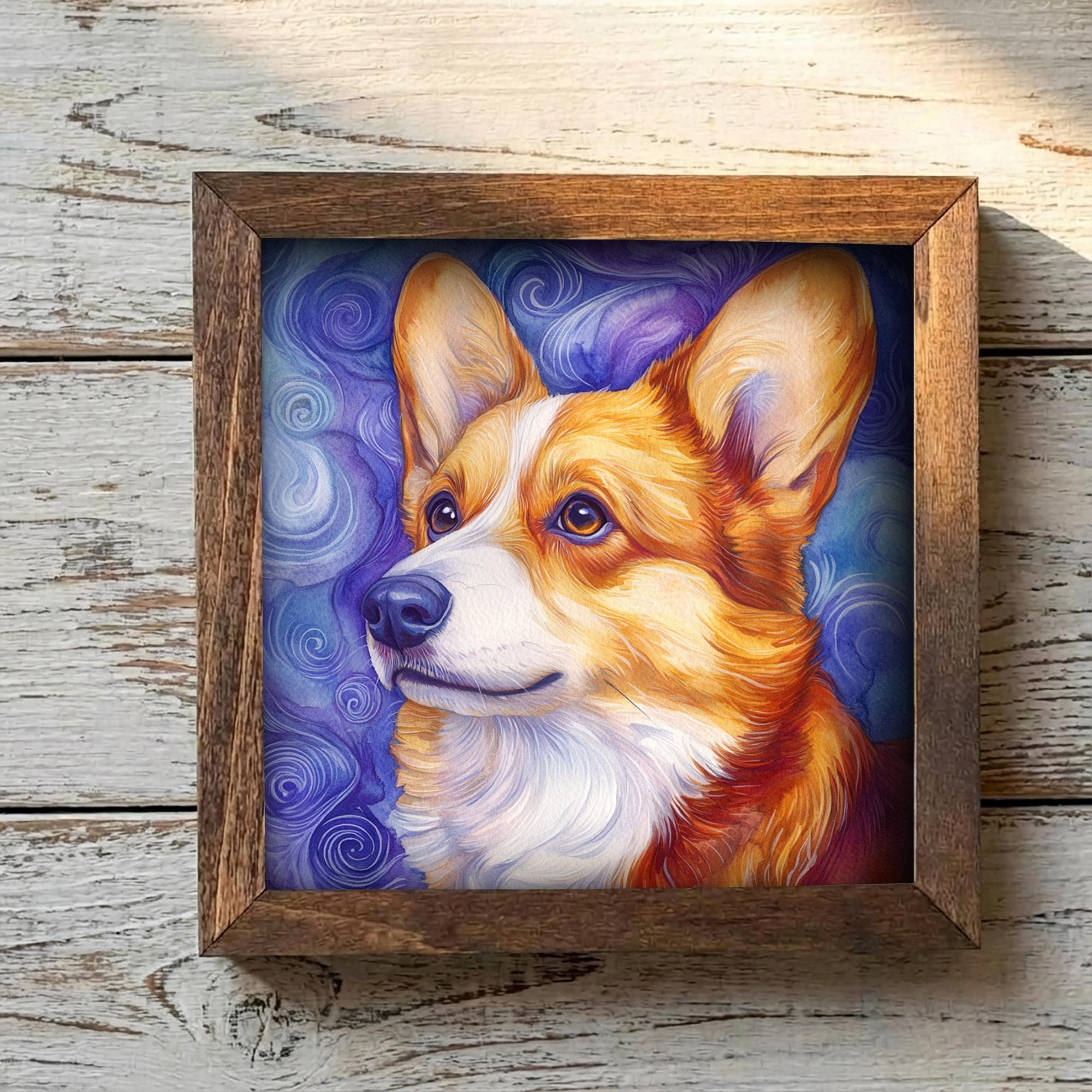 Red and white Corgi Dog Framed Art, Watercolor Corgi Portrait, 5.5 Inch Shelf Decor with Easel, Dog Lover Gift