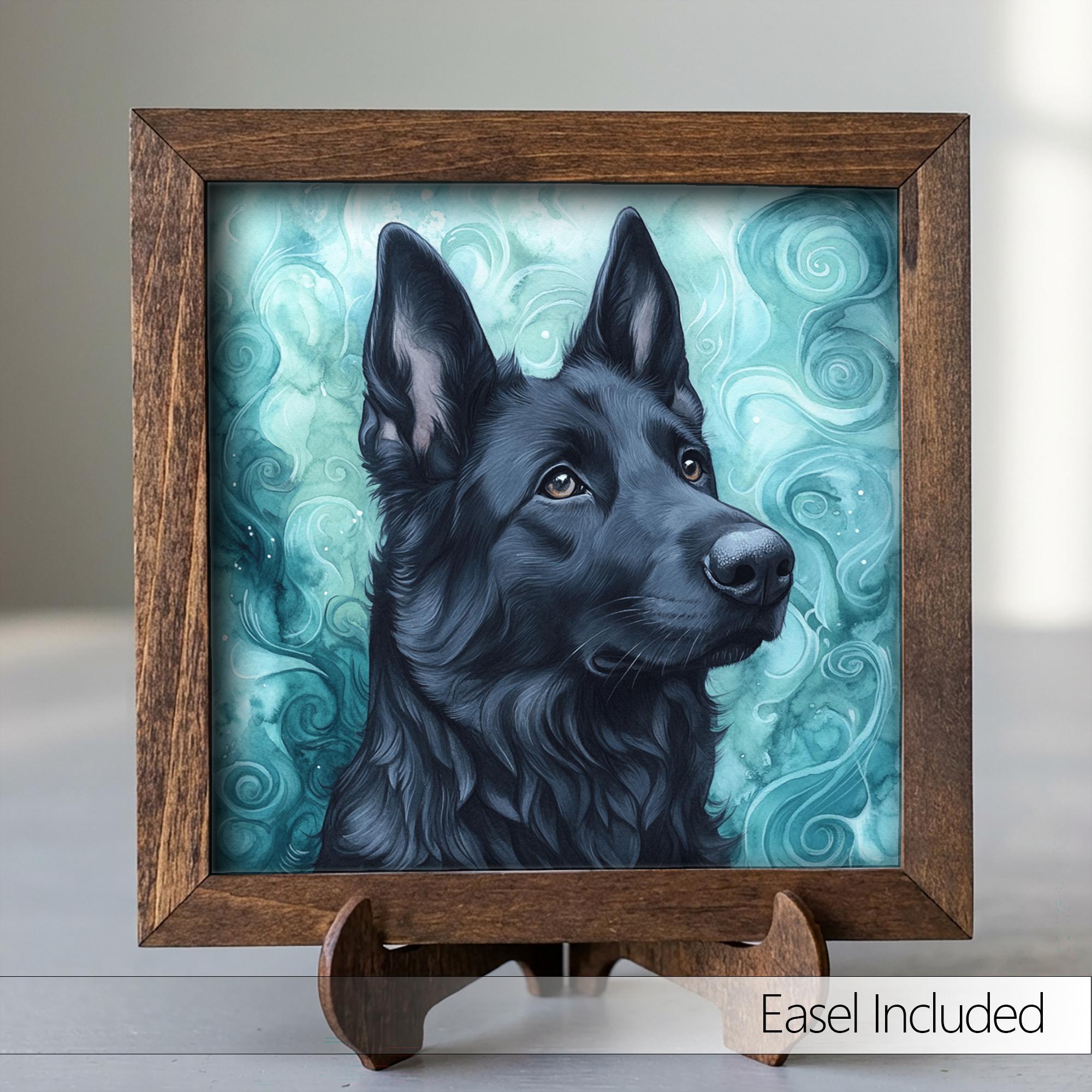 Solid black German Shepherd Dog Framed Art, Watercolor German Shepherd Portrait, 5.5 Inch Shelf Decor with Easel, Dog Lover Gift