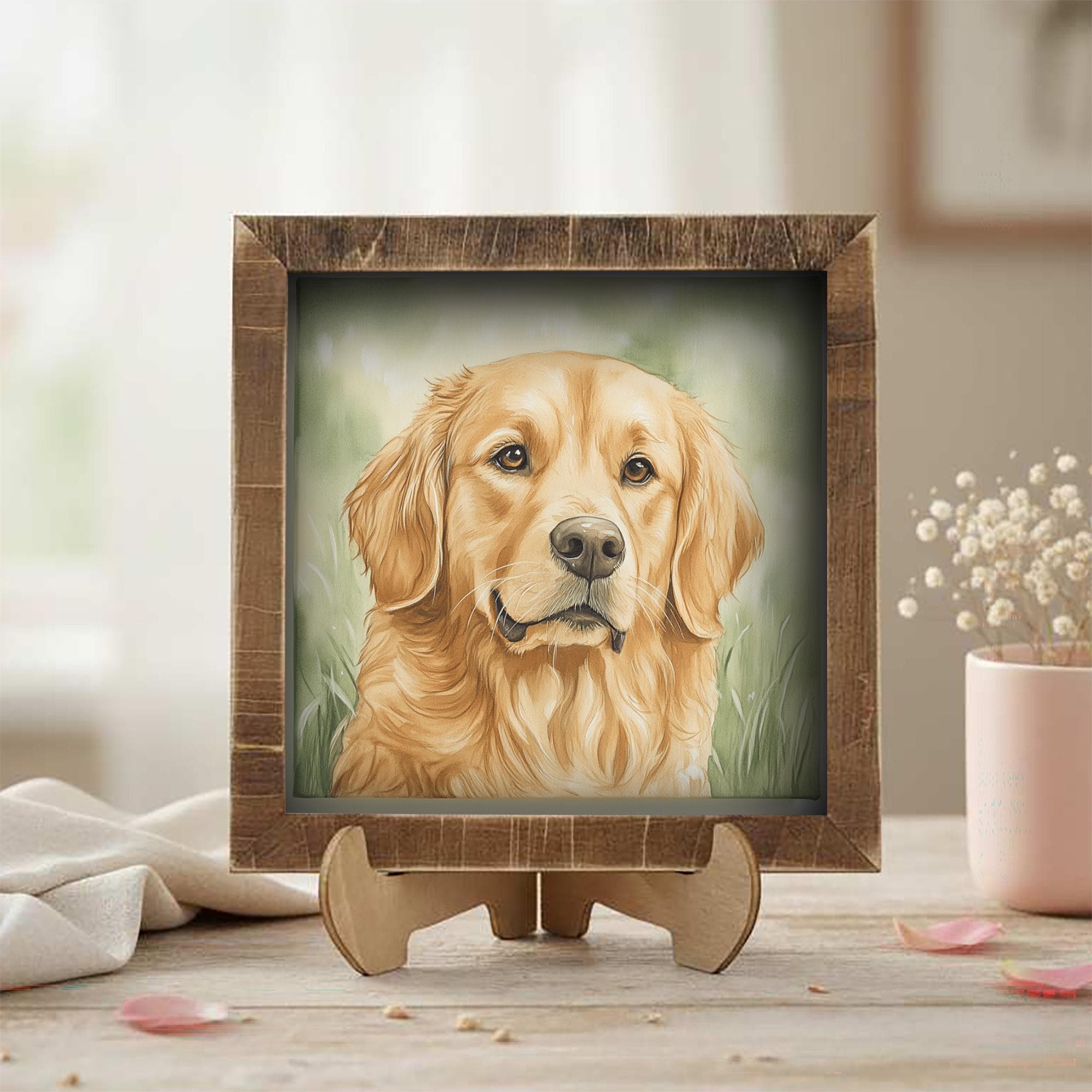 Classic golden Golden Retriever Dog Framed Art, Watercolor Golden Retriever Portrait, 5.5 Inch Shelf Decor with Easel, Dog Lover Gift