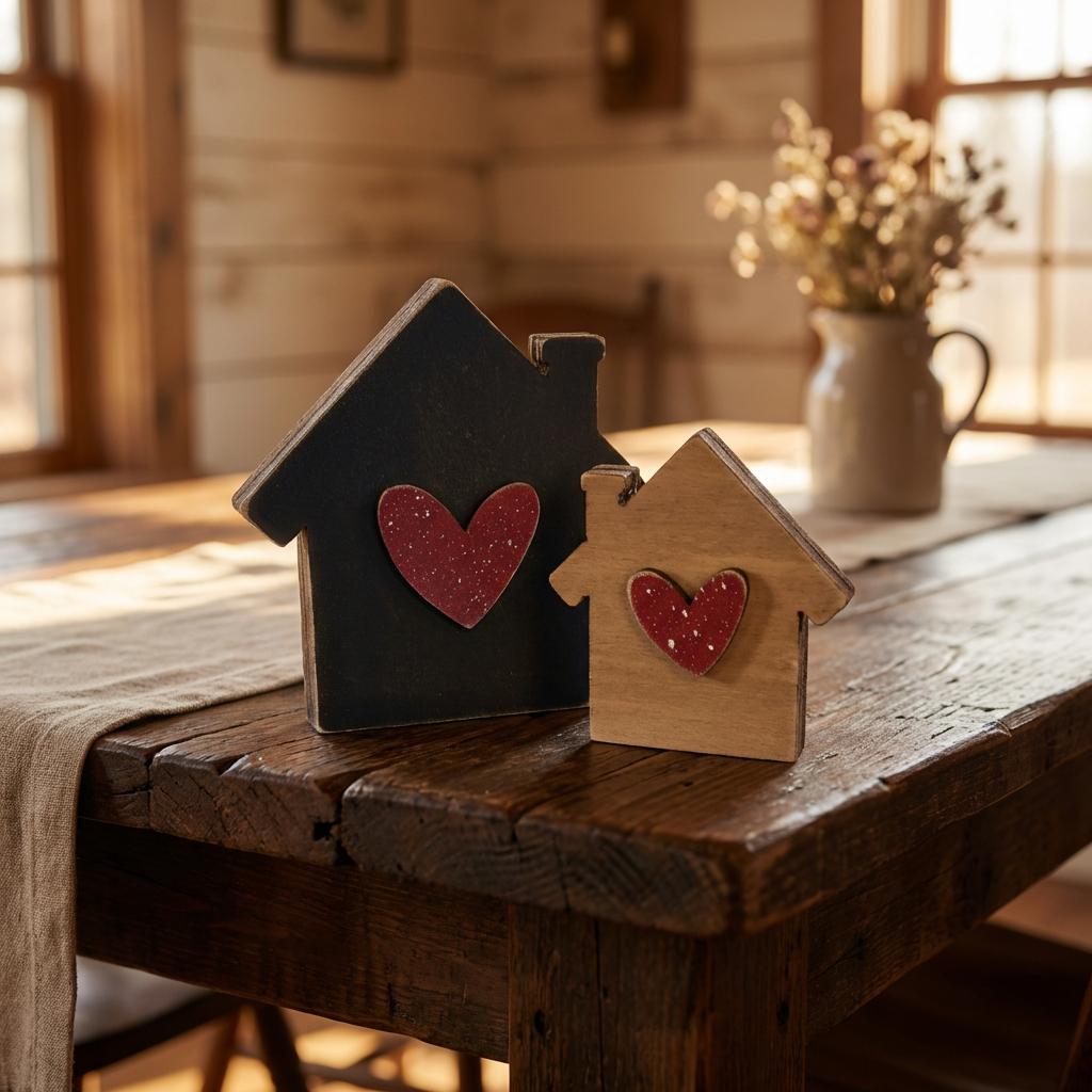 Reversible House Shelf Sitter Set, Rustic Home Decor Pair, Double-Sided Wood Houses with Hearts, Farmhouse Shelf Decor