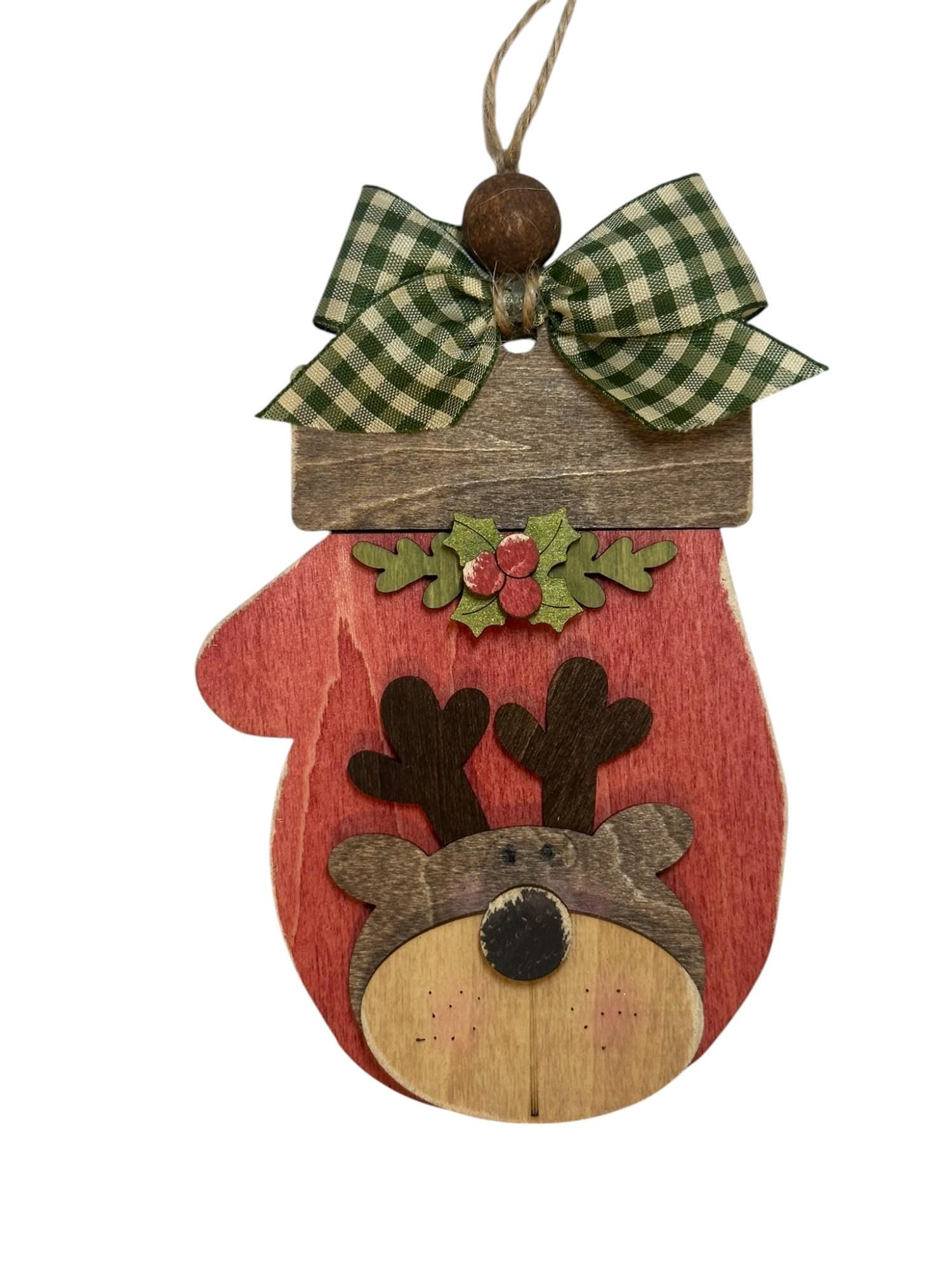 Hand Painted Mitten Ornament - Rustic Wood Christmas Decor - Beaded Hanger - Tree Ornament - OOAK Holiday Gift