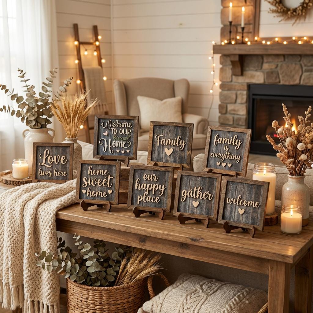 Our Happy Place Framed Wood Sign, Rustic Farmhouse Decor, Layered Wood Wall Art or Shelf Decor, Housewarming Gift