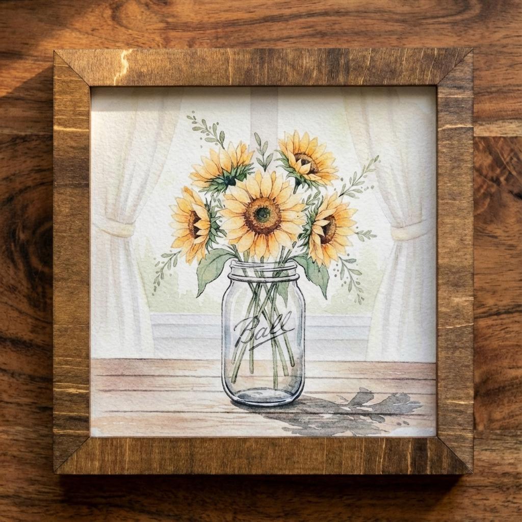 Sunflower Art Sign – Rustic Mason Jar Floral Wall Decor – 5.5” Framed Wood Sign with Leaf Embellishment – Garden Jar Art Signs