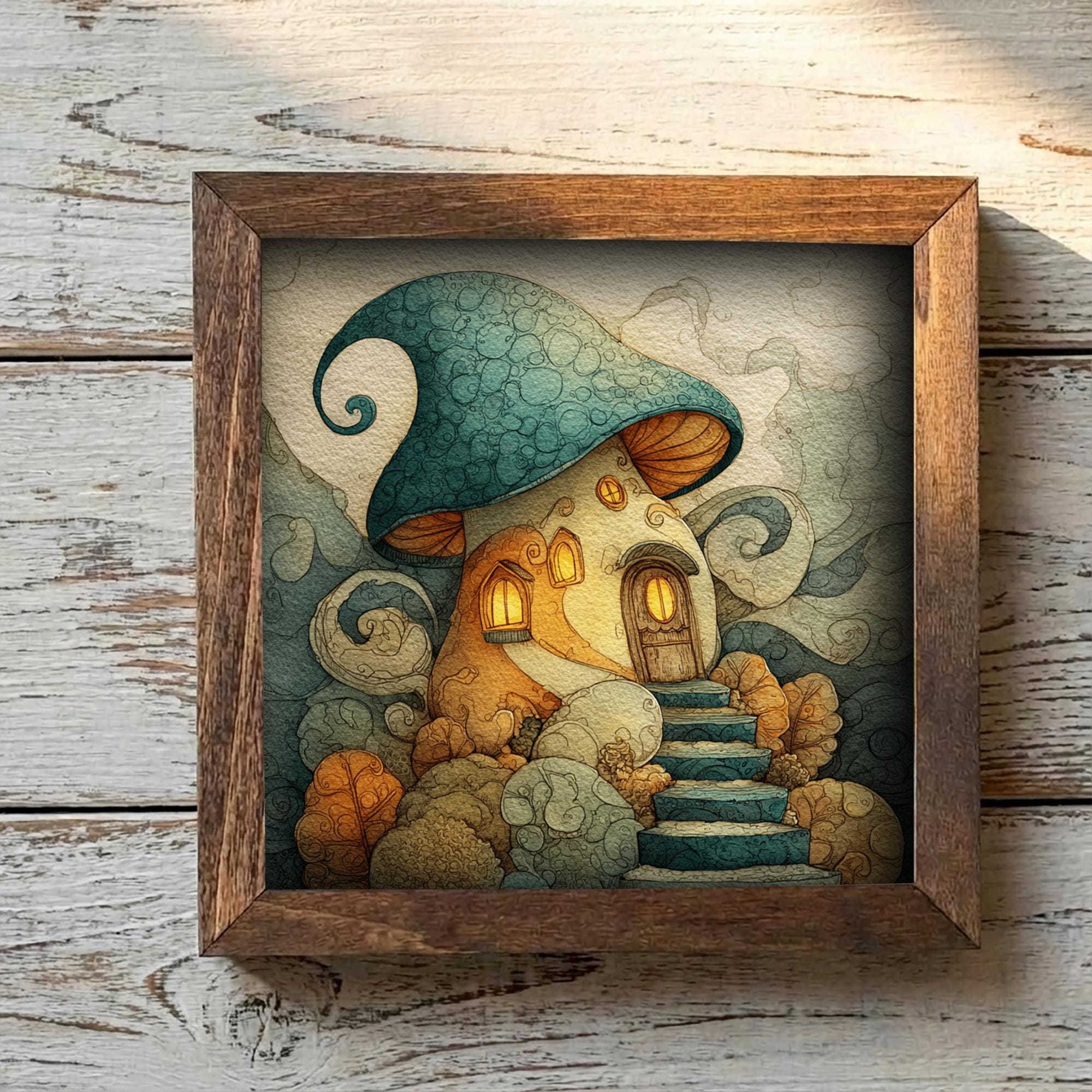 Whimsical Mushroom House Framed Art | Fairy Cottage Decor | Cozy Storybook Illustration | Rustic Farmhouse Frame