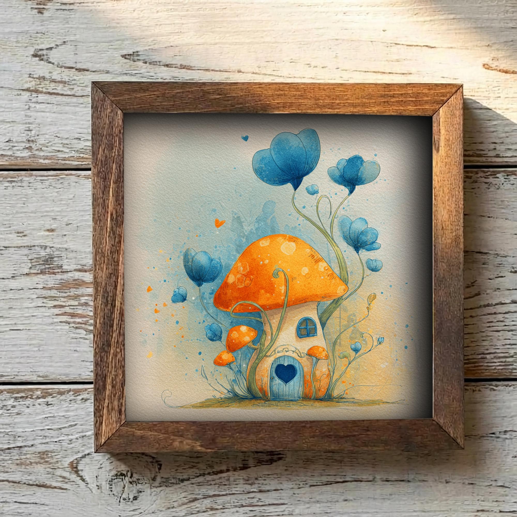 Whimsical Mushroom Cottage Framed Art | Fairy House Decor | Storybook Nursery Art | Rustic Farmhouse Frame