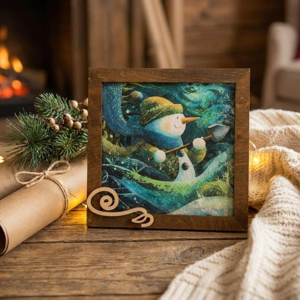 Snowman Art Sign 5.5 Inch – Rustic Farmhouse Winter Decor, Framed Snowman Wall Art, Cozy Christmas Shelf Sign, Handmade Wood Art