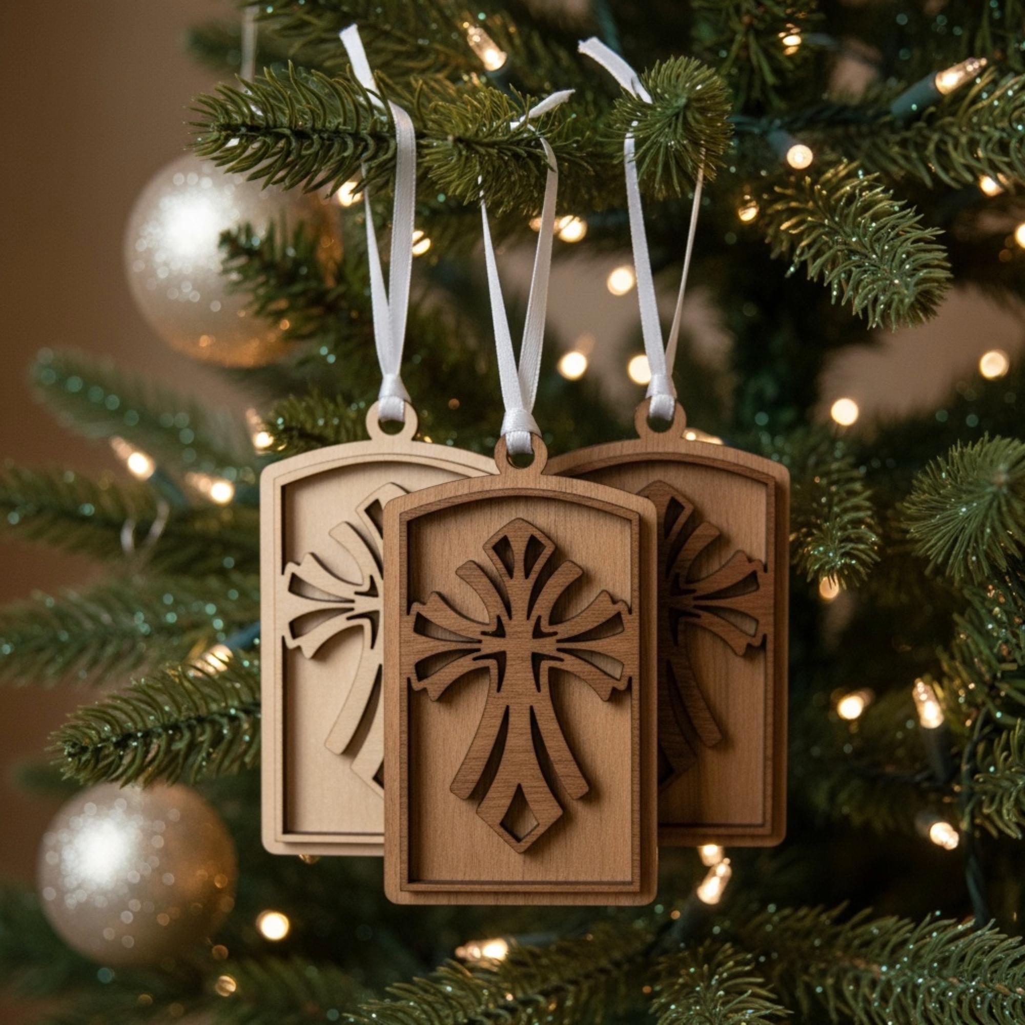 Rustic Wooden Arch Ornaments Set | Christian Christmas Decor | Layered Wood Cross Flourish | 3-Pack or 10-Pack | Handmade Faith Gift Tags