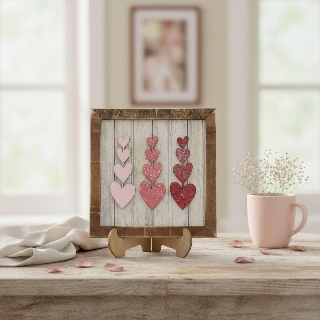 Valentine Heart Easel Sign: 3D Laser Cut Wood Shelf Decor | Rustic Farmhouse Tiered Tray Sign
