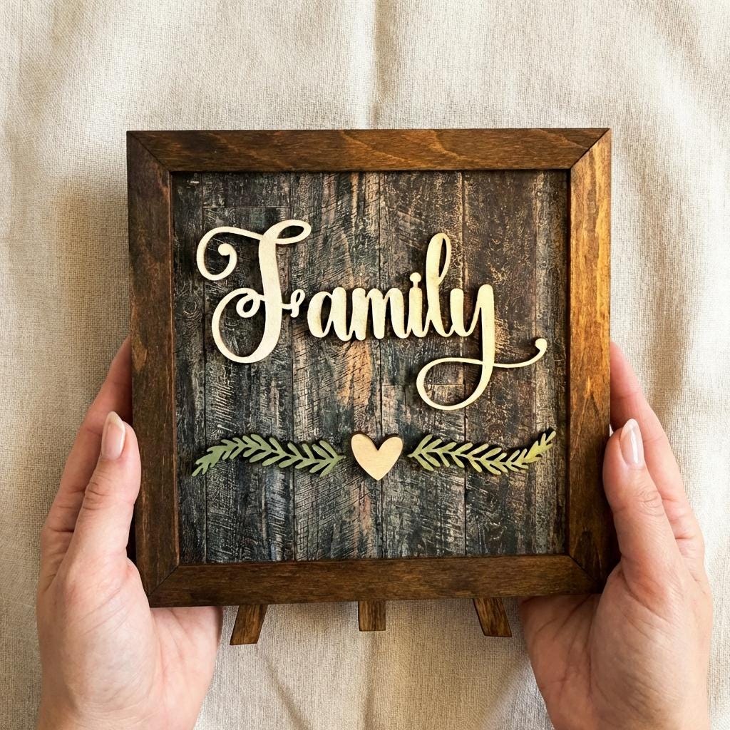 Family Framed Wood Sign with Easel, Rustic Farmhouse Family Decor, Layered Wood Wall Art or Shelf Sign, Housewarming or Family Gift