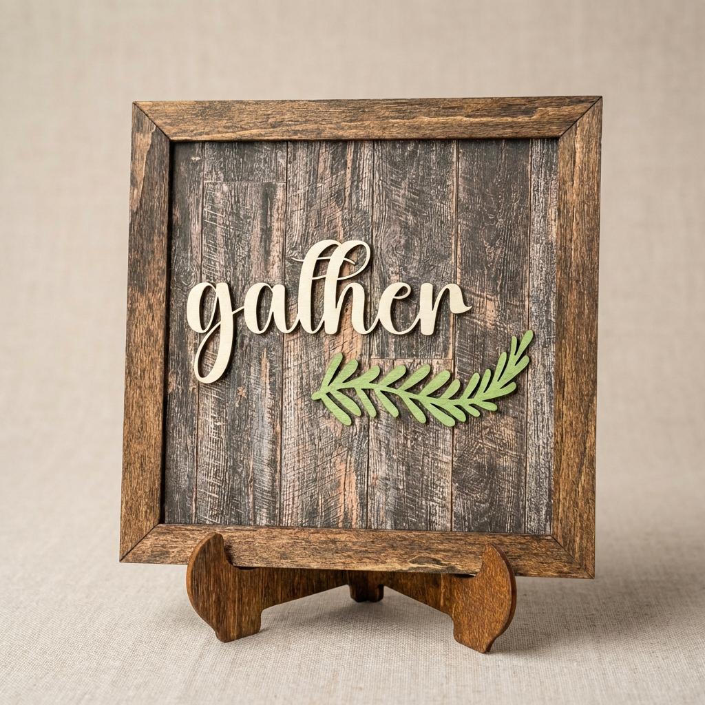 Gather Framed Wood Sign, Rustic Farmhouse Decor, Layered Wood Wall Art or Shelf Decor, Housewarming Gift