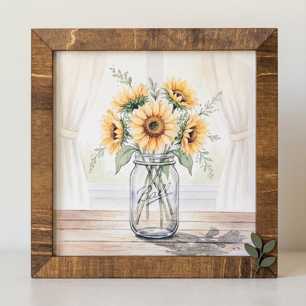 Sunflower Art Sign – Rustic Mason Jar Floral Wall Decor – 5.5” Framed Wood Sign with Leaf Embellishment – Garden Jar Art Signs