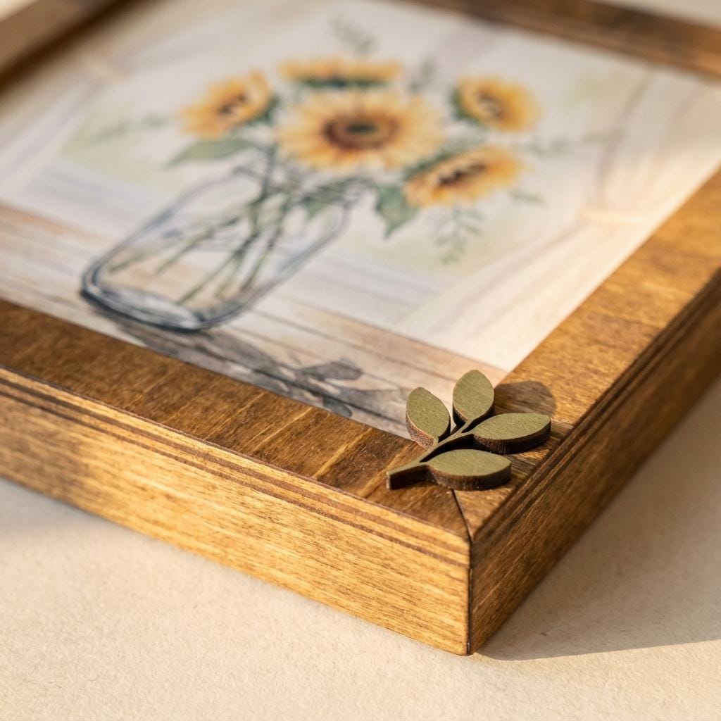 Sunflower Art Sign – Rustic Mason Jar Floral Wall Decor – 5.5” Framed Wood Sign with Leaf Embellishment – Garden Jar Art Signs