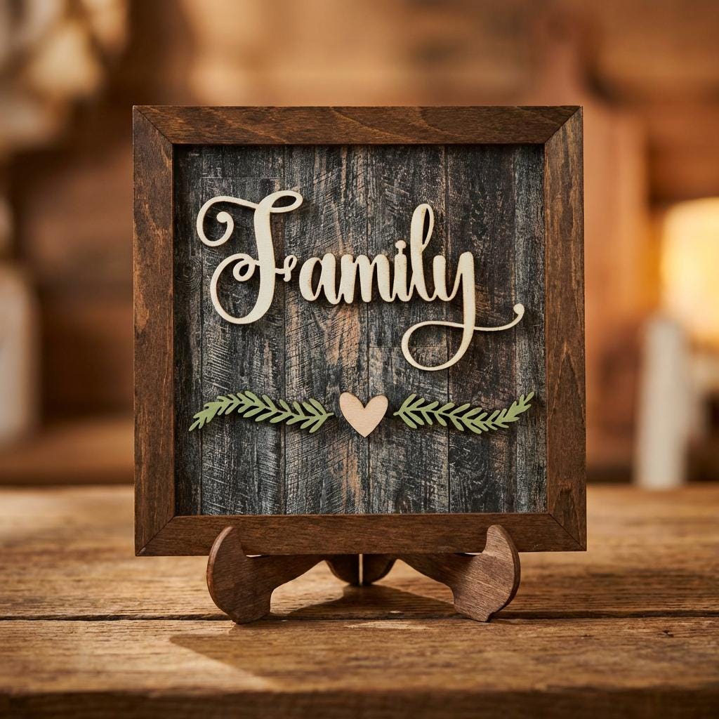 Family Framed Wood Sign with Easel, Rustic Farmhouse Family Decor, Layered Wood Wall Art or Shelf Sign, Housewarming or Family Gift