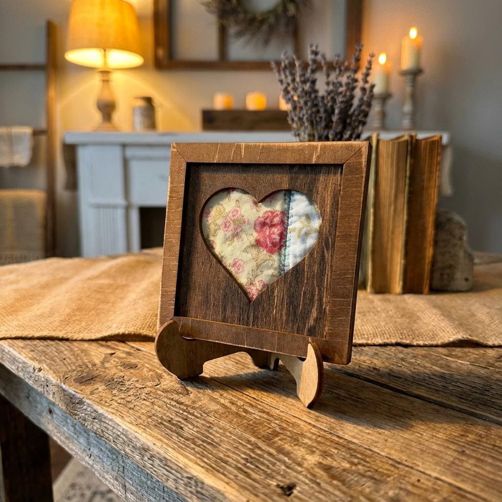 Reclaimed Quilt Heart Wood Sign – 3.75 Inch Rustic Valentine Decor – Handmade Fabric Heart – Farmhouse Shelf Decor INCLUDES Easel