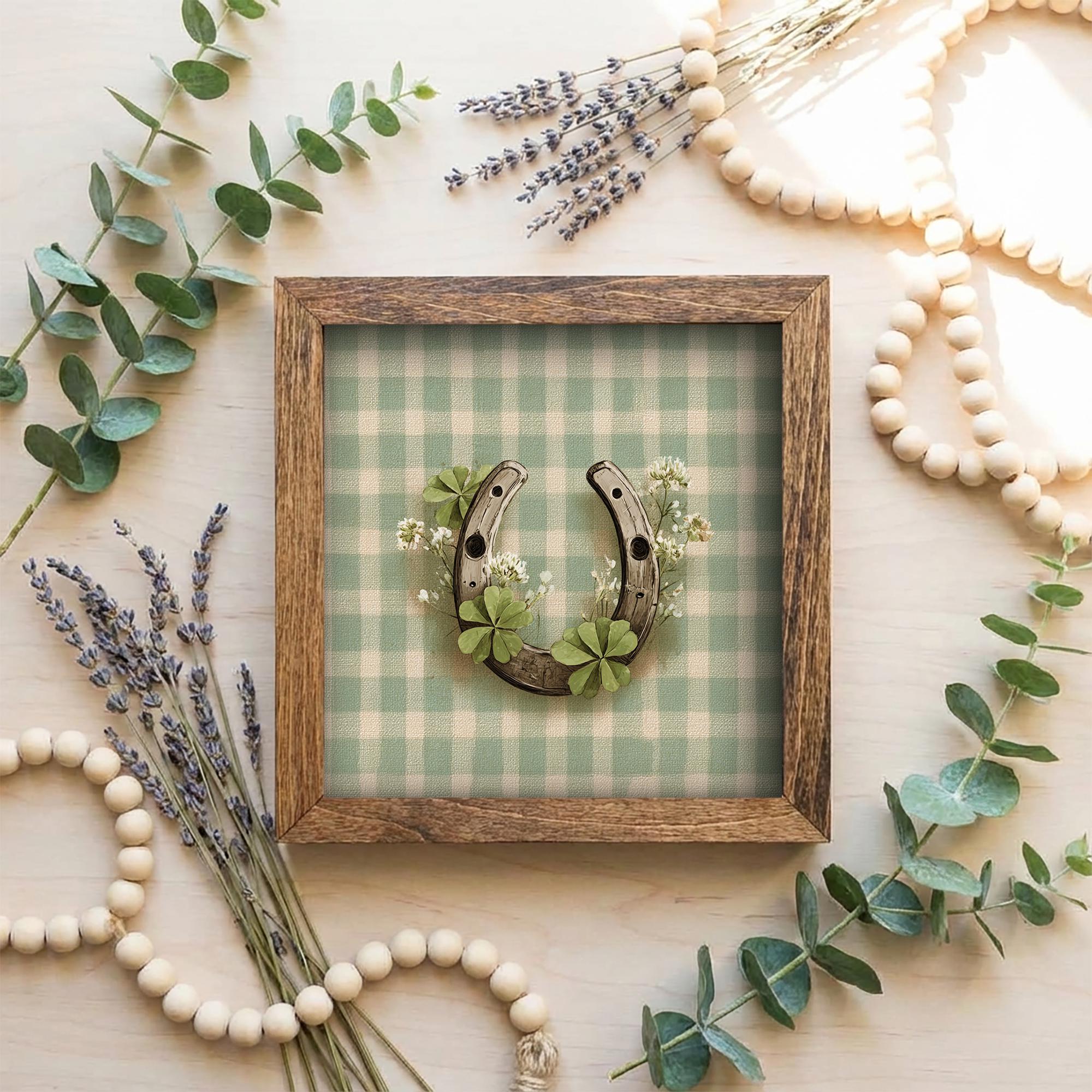 St Patrick’s Day Decor | Mini Framed Horseshoe Art | Gingham Shamrock Farmhouse Sign