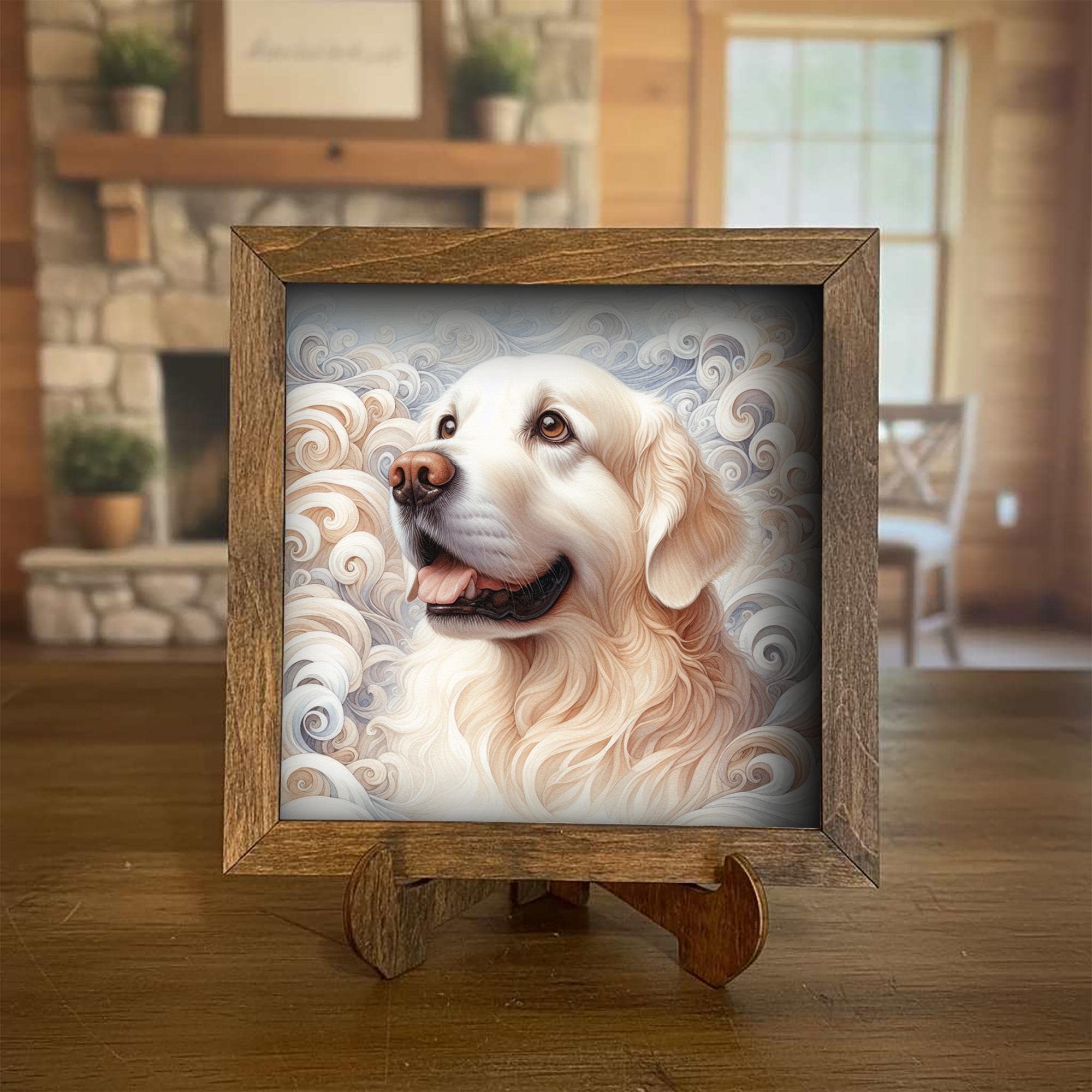 Cream Golden Retriever Dog Framed Art, Watercolor Golden Retriever Portrait, 5.5 Inch Shelf Decor with Easel, Dog Lover Gift