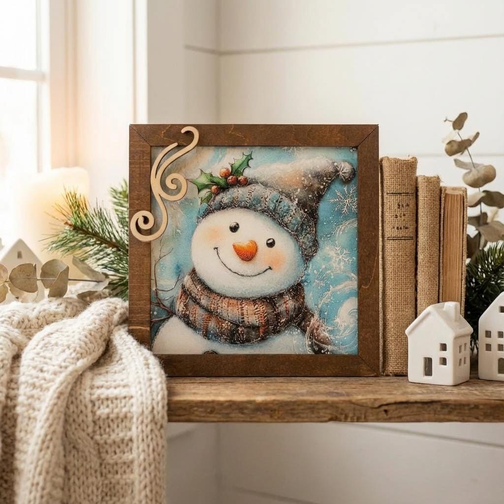 Snowman Art Sign 5.5 Inch – Rustic Farmhouse Winter Decor, Framed Snowman Wall Art, Cozy Christmas Shelf Sign, Handmade Wood Art