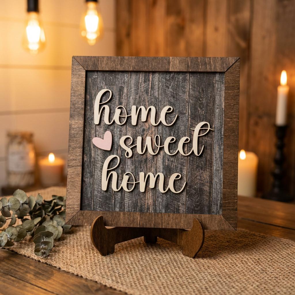 Home Sweet Home Framed Wood Sign, Rustic Farmhouse Decor, Layered Wood Wall Art or Shelf Decor, Housewarming Gift