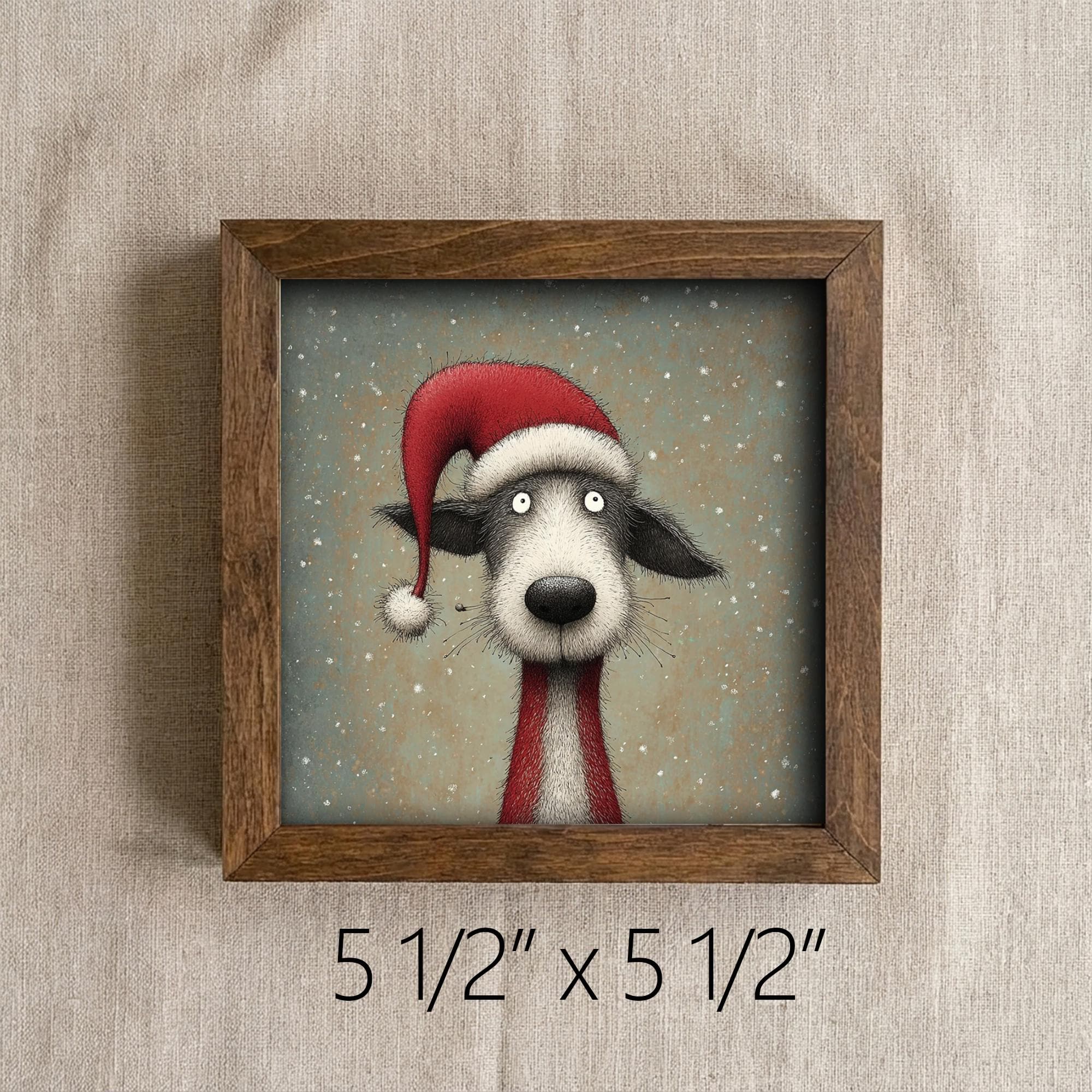 Funny Christmas Dog Framed Art | Whimsical Holiday Dog Illustration | Pet Lover Christmas Decor | Rustic Wood Frame | Easel Include