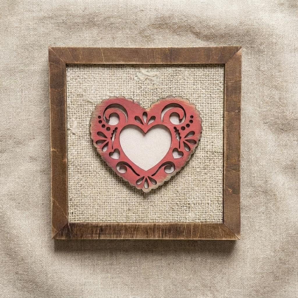 Wedding Anniversary Decor – Framed Lacy Heart Art, Rustic Farmhouse Keepsake