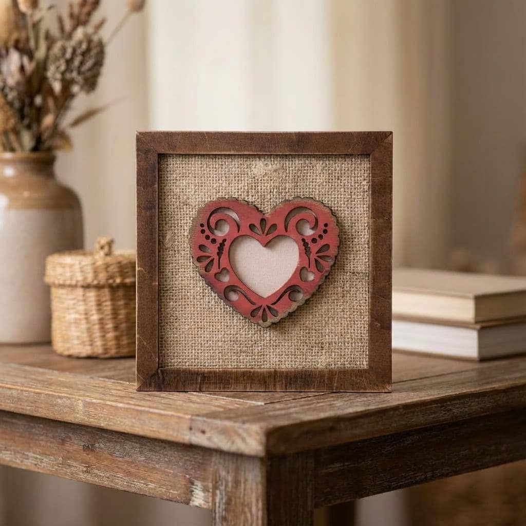 Wedding Anniversary Decor – Framed Lacy Heart Art, Rustic Farmhouse Keepsake