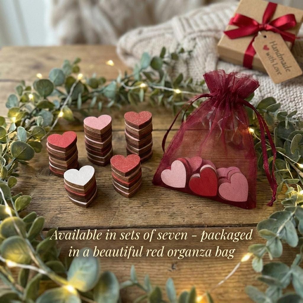 Mini Wooden Heart Decor – Set of 7 – Rustic Valentine Shelf & Bowl Filler