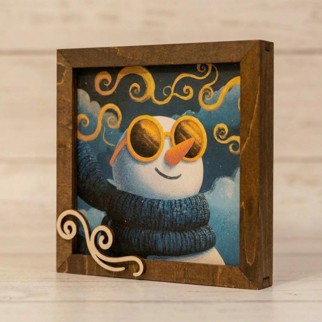 Snowman Art Sign 5.5 Inch – Rustic Farmhouse Winter Decor, Framed Snowman Wall Art, Cozy Christmas Shelf Sign, Handmade Wood Art