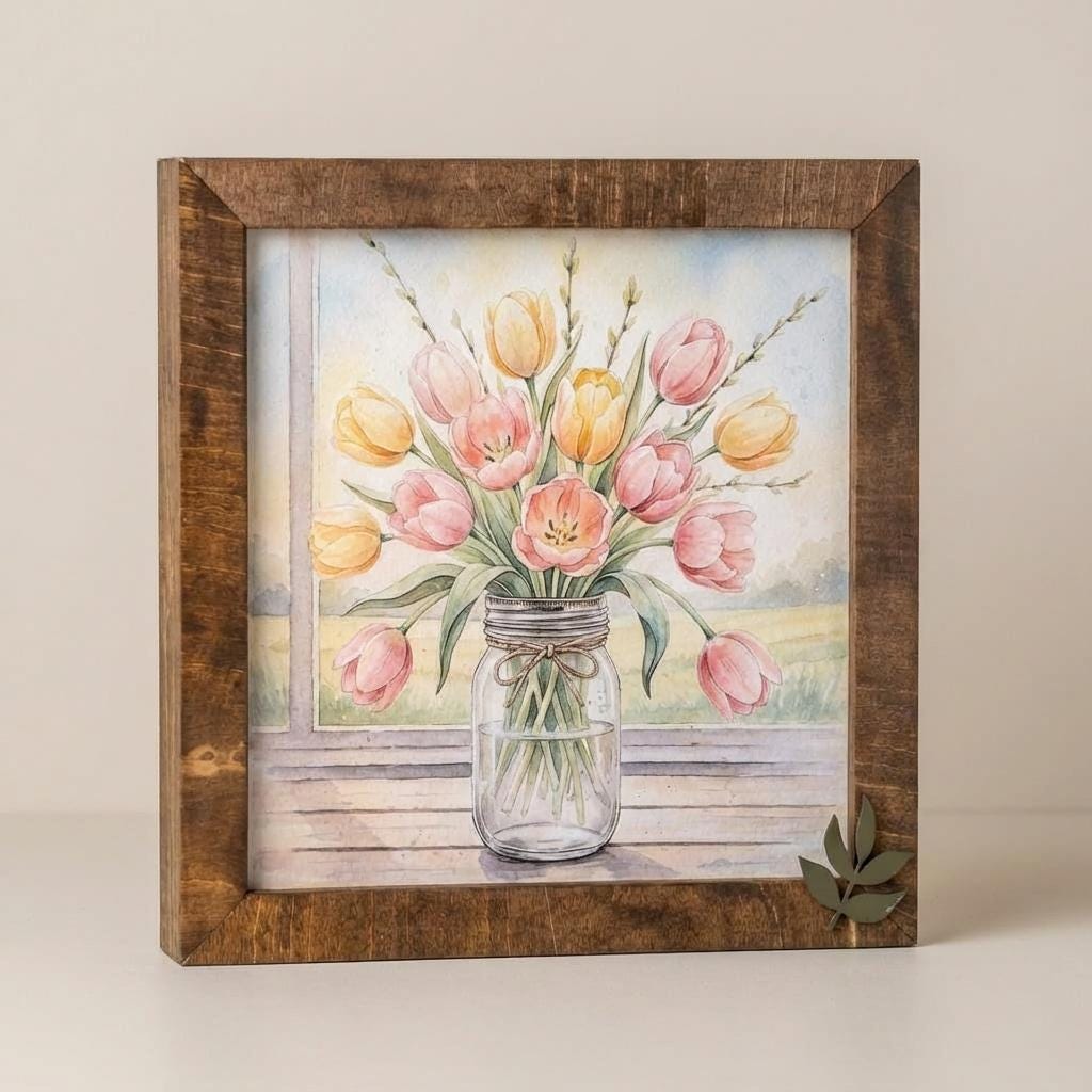 Tulip Mason Jar Wood Sign • Farmhouse Watercolor Floral Art