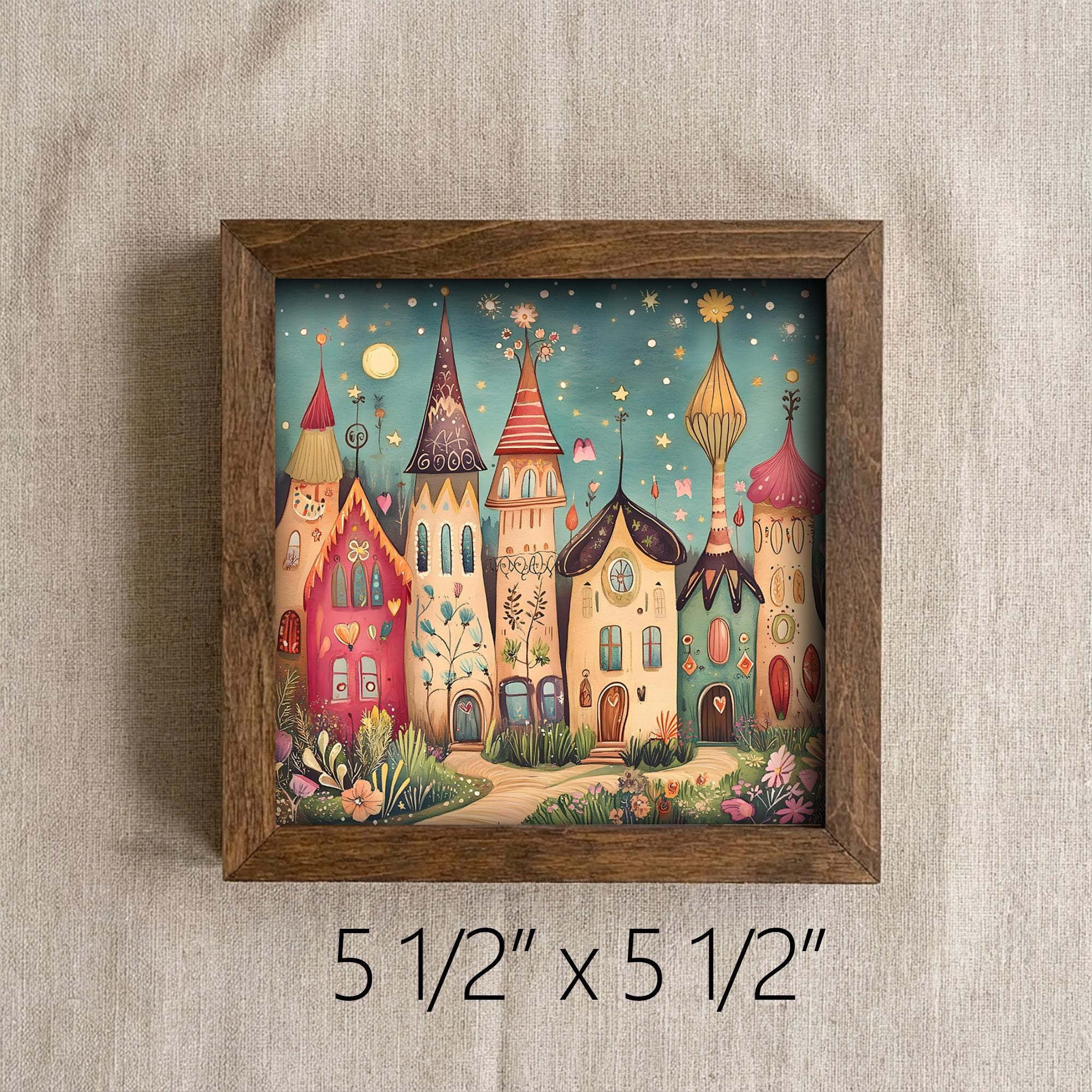 Whimsical Magical City Art, Colorful Fantasy Town Illustration, Playful Storybook Wall Art, 5.5 Inch Framed Shelf Decor
