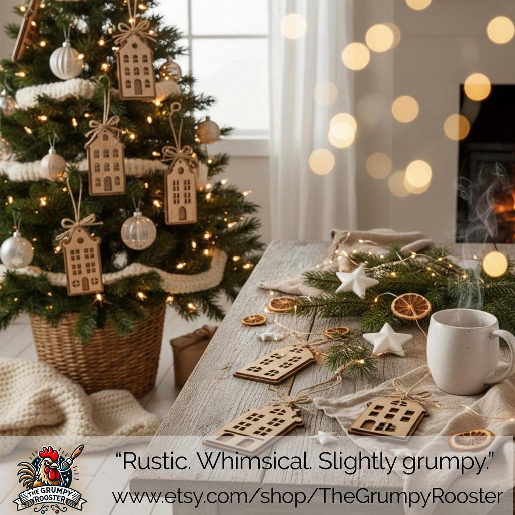 Rustic Wooden House Christmas Ornaments Scandinavian Farmhouse Village Set or Individual Layered Wood Holiday Decor Bulk Discounts Available