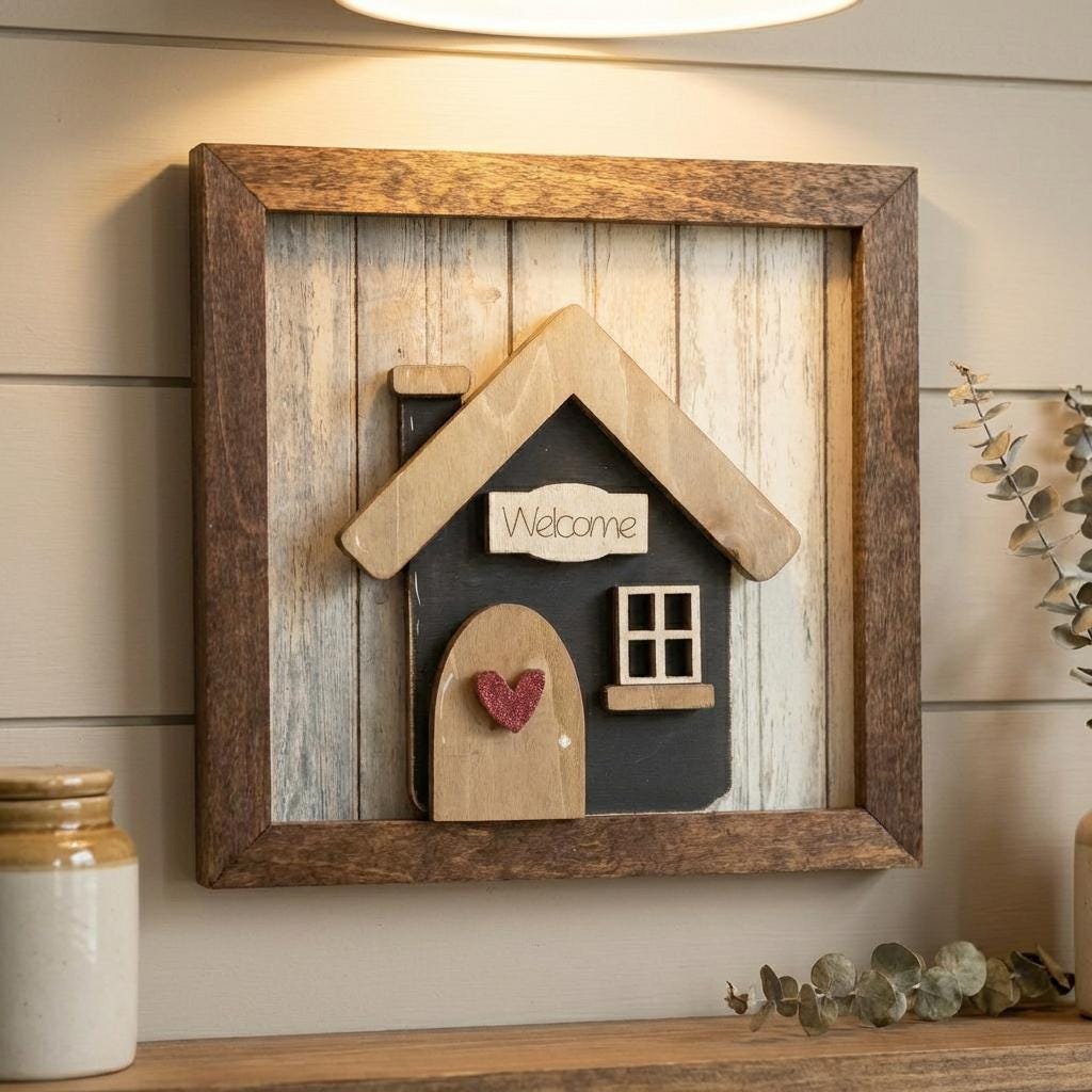 Welcome Wood Sign and Easel – Framed Layered Wood Decor with Easel, Rustic Farmhouse Shelf Sign, Housewarming Gift