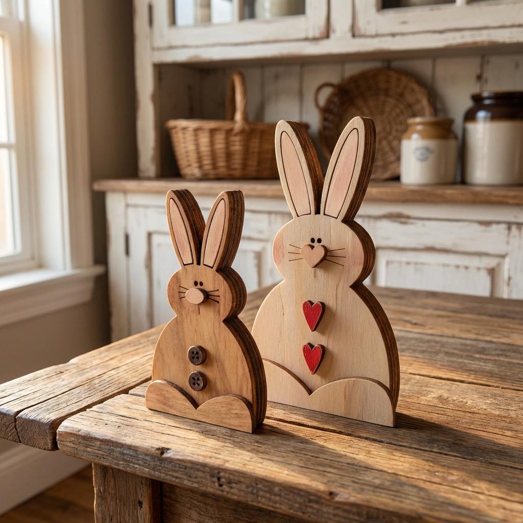 Farmhouse Bunny Trio Shelf Decor – Rustic Wooden Easter Bunnies – Tiered Tray Spring Decor – Neutral Bunny Set