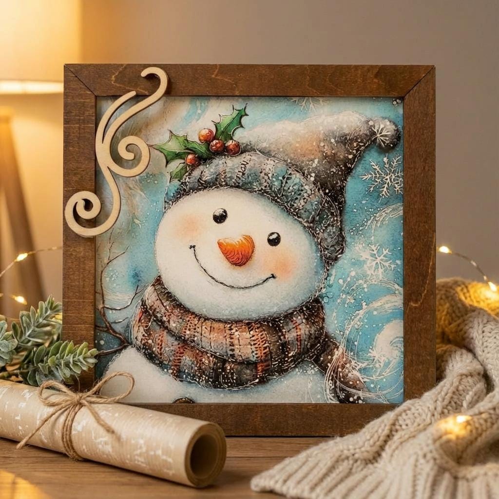 Snowman Art Sign 5.5 Inch – Rustic Farmhouse Winter Decor, Framed Snowman Wall Art, Cozy Christmas Shelf Sign, Handmade Wood Art