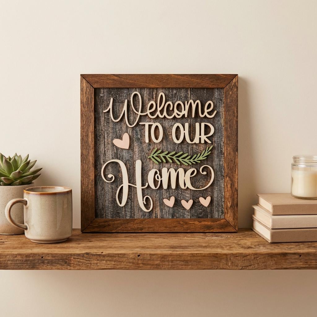 Welcome to Our Home Framed Wood Sign, Rustic Farmhouse Decor, Layered Wood Wall Art or Shelf Decor, Housewarming Gift