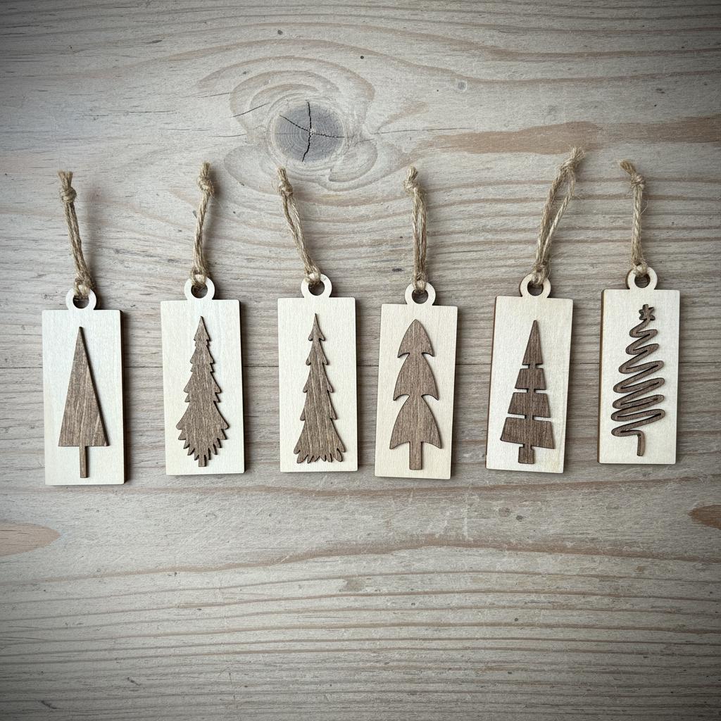 Rustic Mini Christmas Tree Ornaments – Set of 10 – Wooden Farmhouse Holiday Décor, Giftable in Gold Organza Bag, Stocking Stuffers