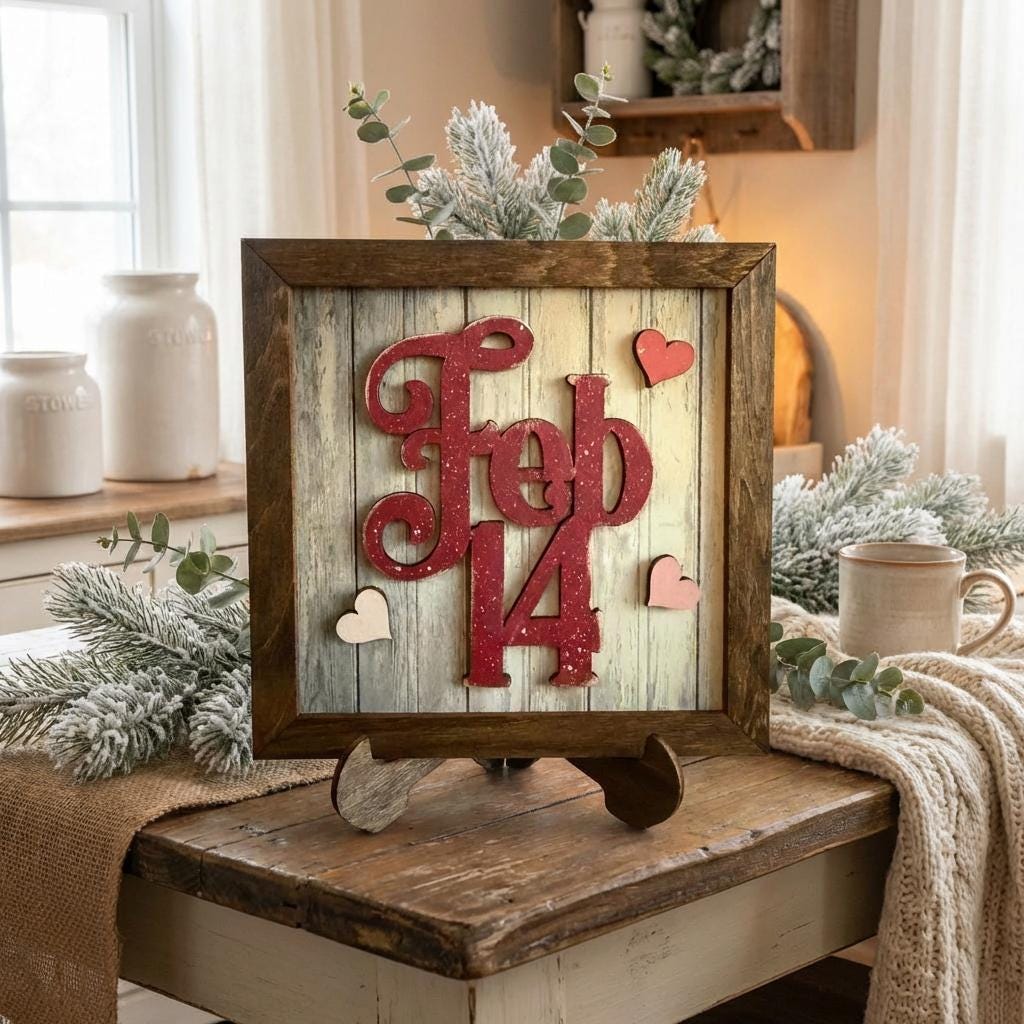 Feb 14 Valentine Sign, Layered Wood Framed Decor, Rustic Valentine Shelf Sign, Farmhouse Valentine Gift, Easel Included