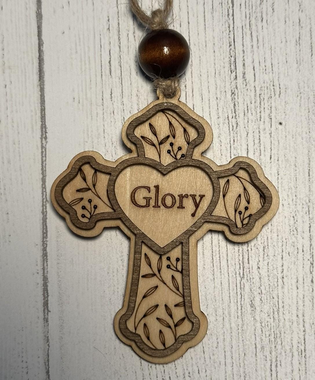 Rustic Cross Christmas Ornaments – Handcrafted Wooden "Glory" Cross Ornaments with Natural Bead, Two-Layer Design, Bulk/Wholesale Options
