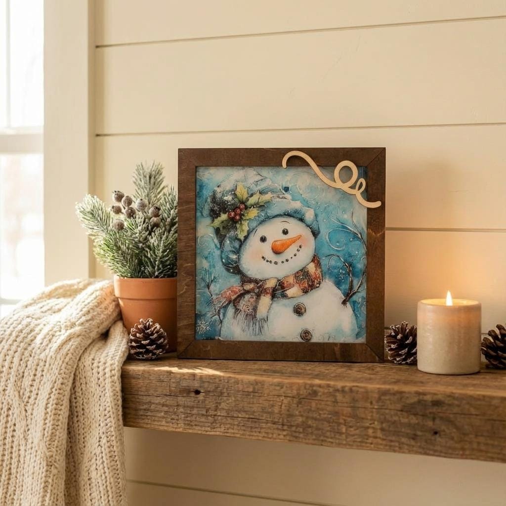 Snowman Art Sign 5.5 Inch – Rustic Farmhouse Winter Decor, Framed Snowman Wall Art, Cozy Christmas Shelf Sign, Handmade Wood Art