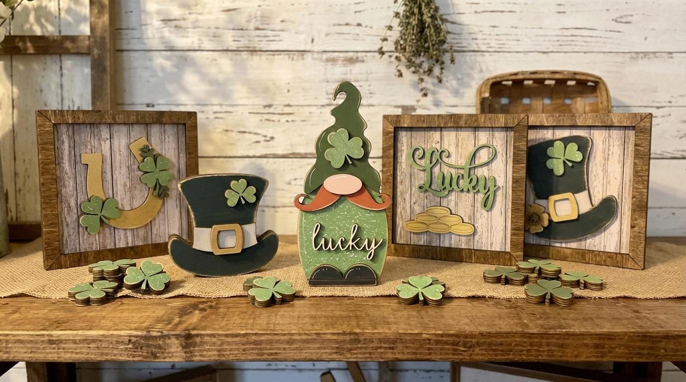 St Patrick's Day Shamrock Decor | Rustic Wooden Tokens, Set of 7