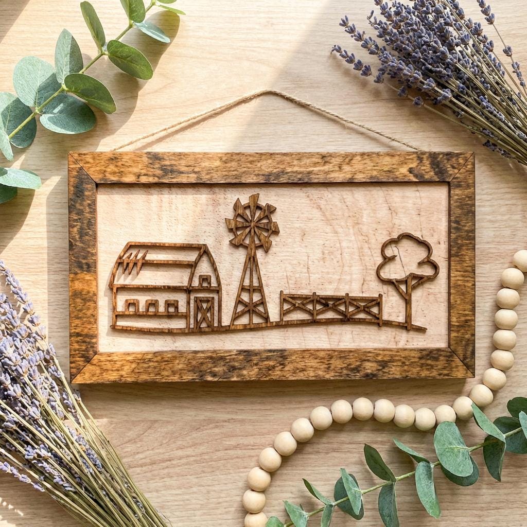 Rustic Farm Wall Art, Layered Wood Farm Decor, Farm Scene Sign, Barn and Windmill, Farmhouse Wall Hanging