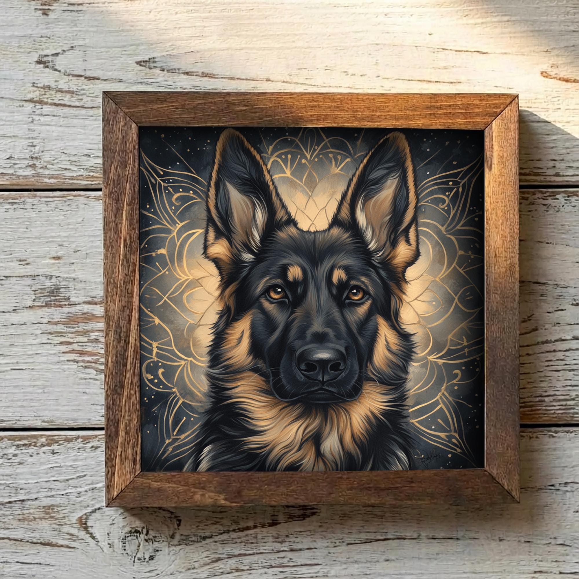 Classic Saddle Pattern German Shepherd Dog Framed Art, Watercolor German Shepherd Portrait, 5.5 Inch Shelf Decor with Easel, Dog Lover Gift
